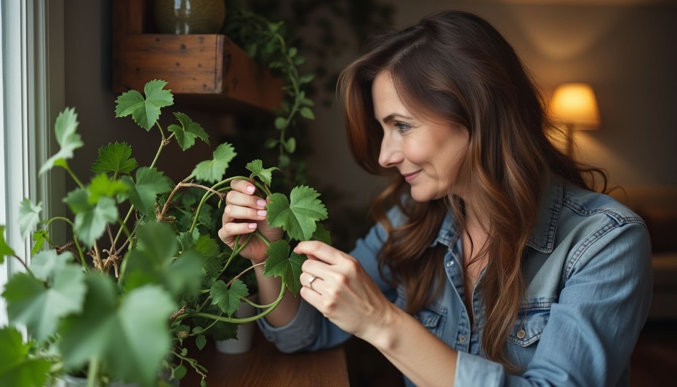 A woman in her 30s arranging artificial grape vines in a cozy living room.