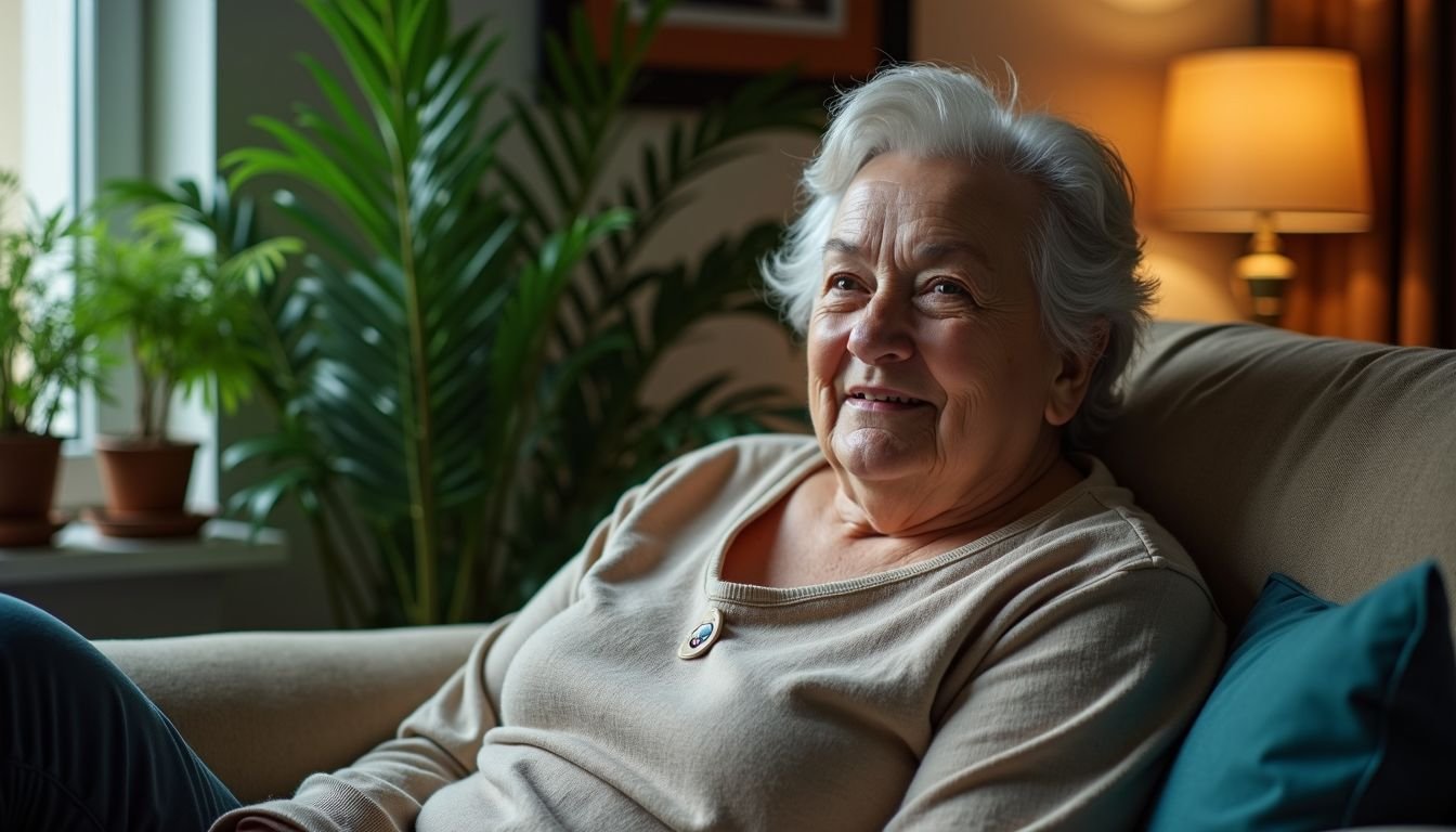 An elderly woman sitting comfortably in a cozy living room at home.