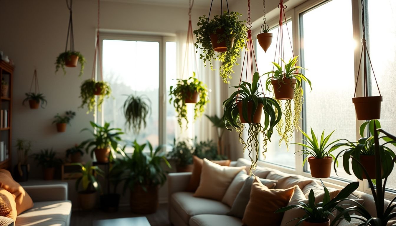 A cozy living room with artificial plants brings a touch of nature.