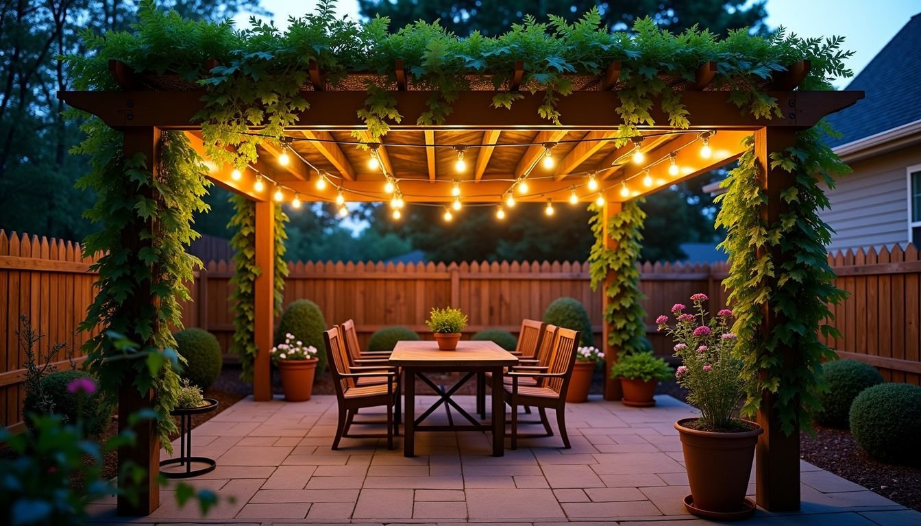 A backyard patio with artificial vines and string lights creates a cozy atmosphere.