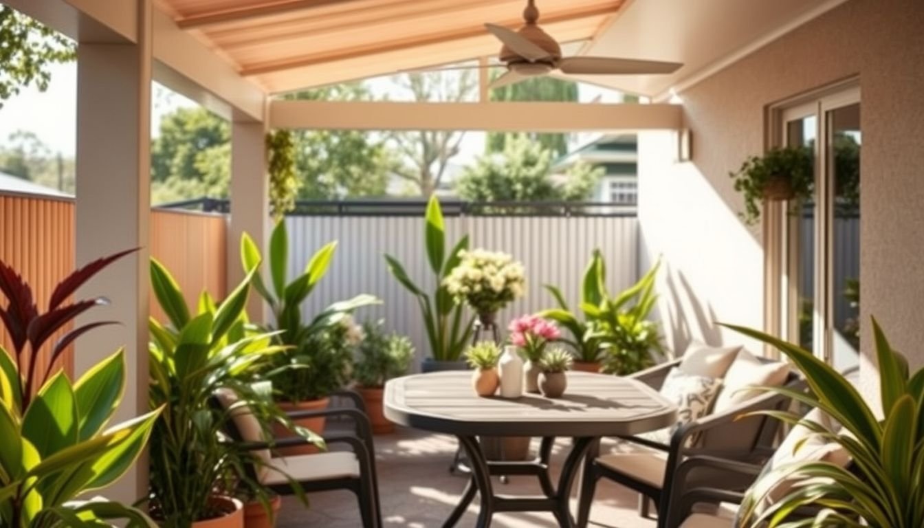 A photo showcasing a sunny outdoor patio with realistic faux plants.