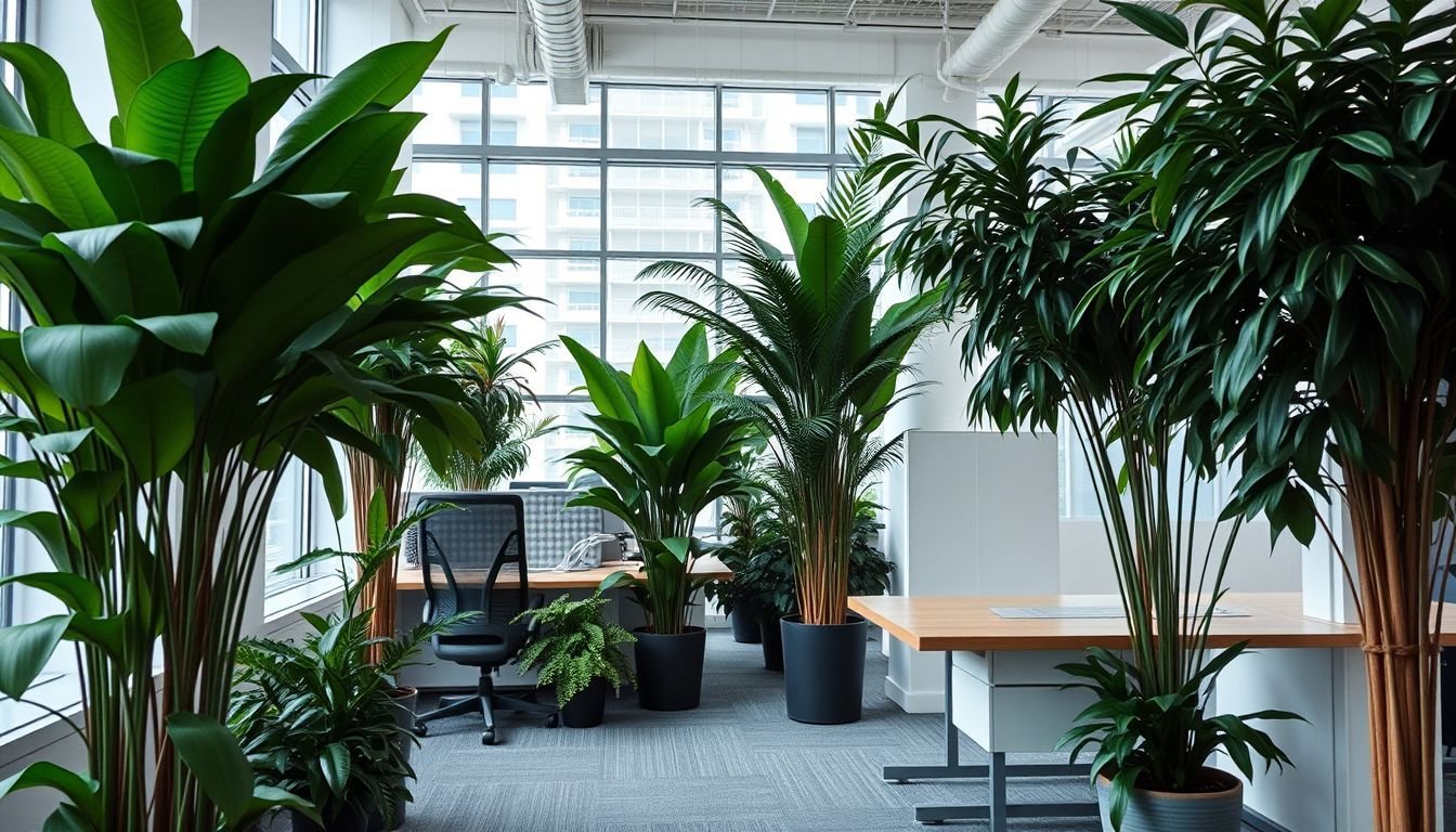 An urban office with large artificial plants creating a refreshing atmosphere.