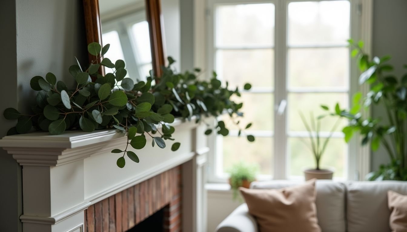 A cozy indoor living room with artificial eucalyptus garland on mantelpiece.