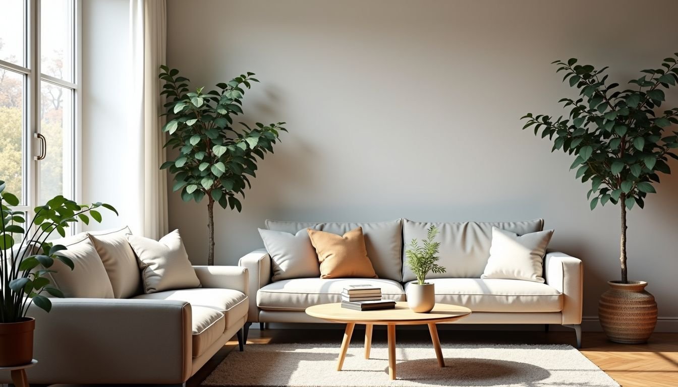 A modern living room with artificial eucalyptus vines for decor.