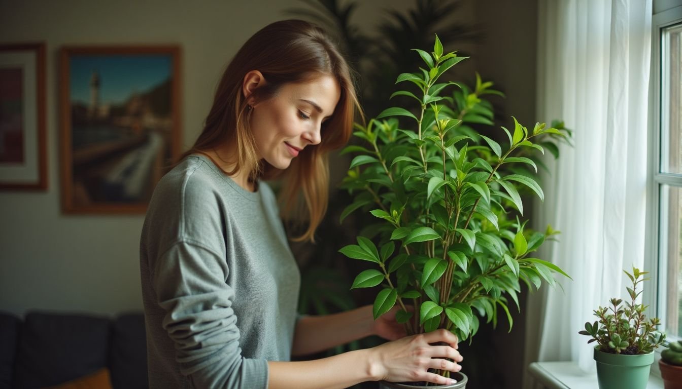 A woman in her 20s arranging an artificial plant in her apartment.