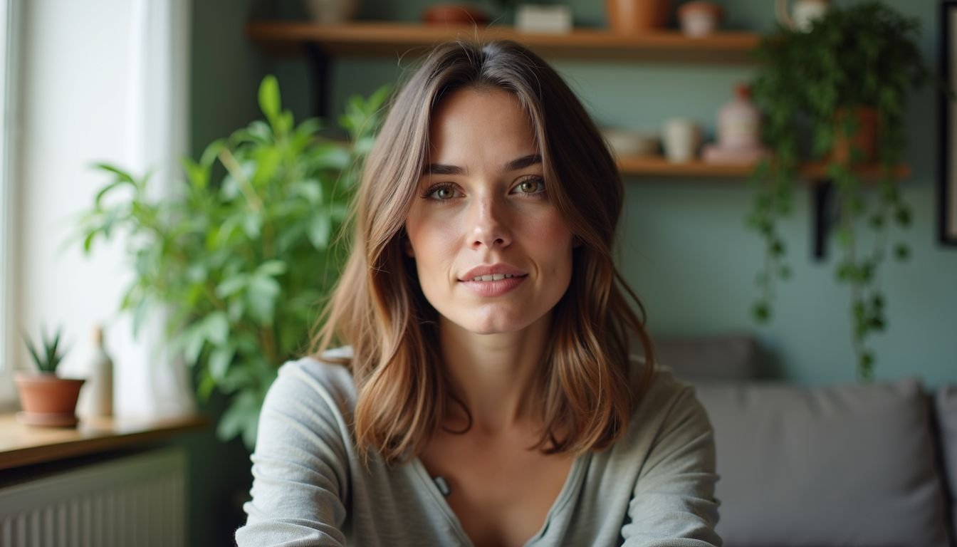 A woman in her 30s decorates her simple apartment with fake vines.