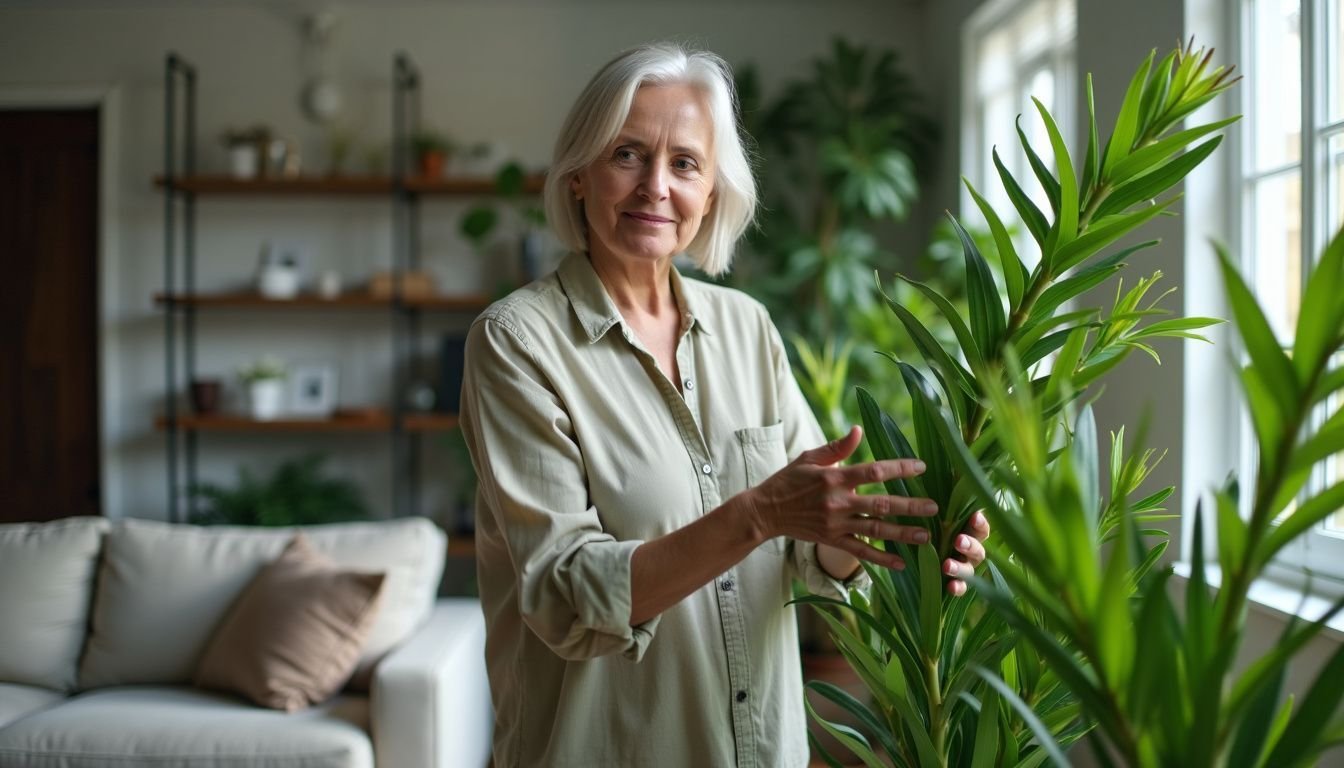 A woman arranging faux plants in her modern living room.