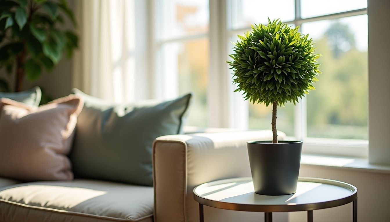 A cozy living room with a modern faux topiary adds a touch of nature.