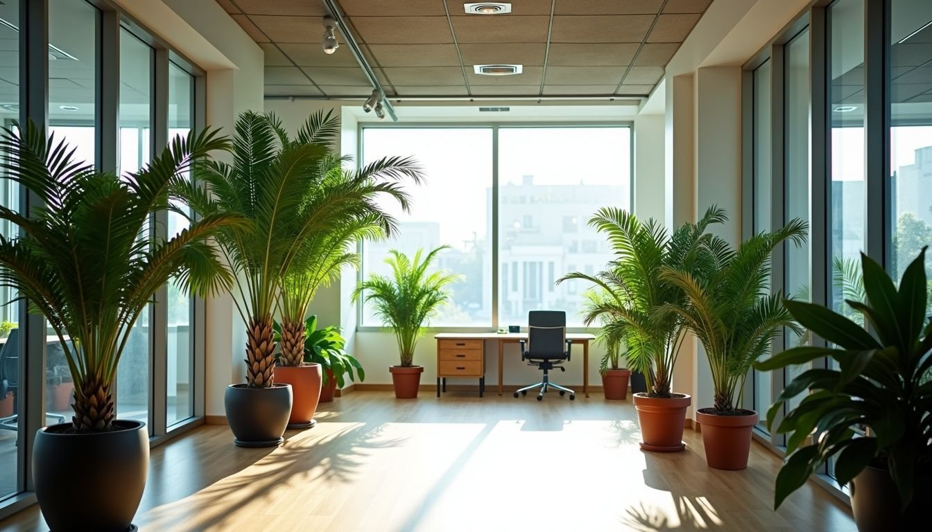 A bright, modern office space filled with artificial palm trees and lush plants.