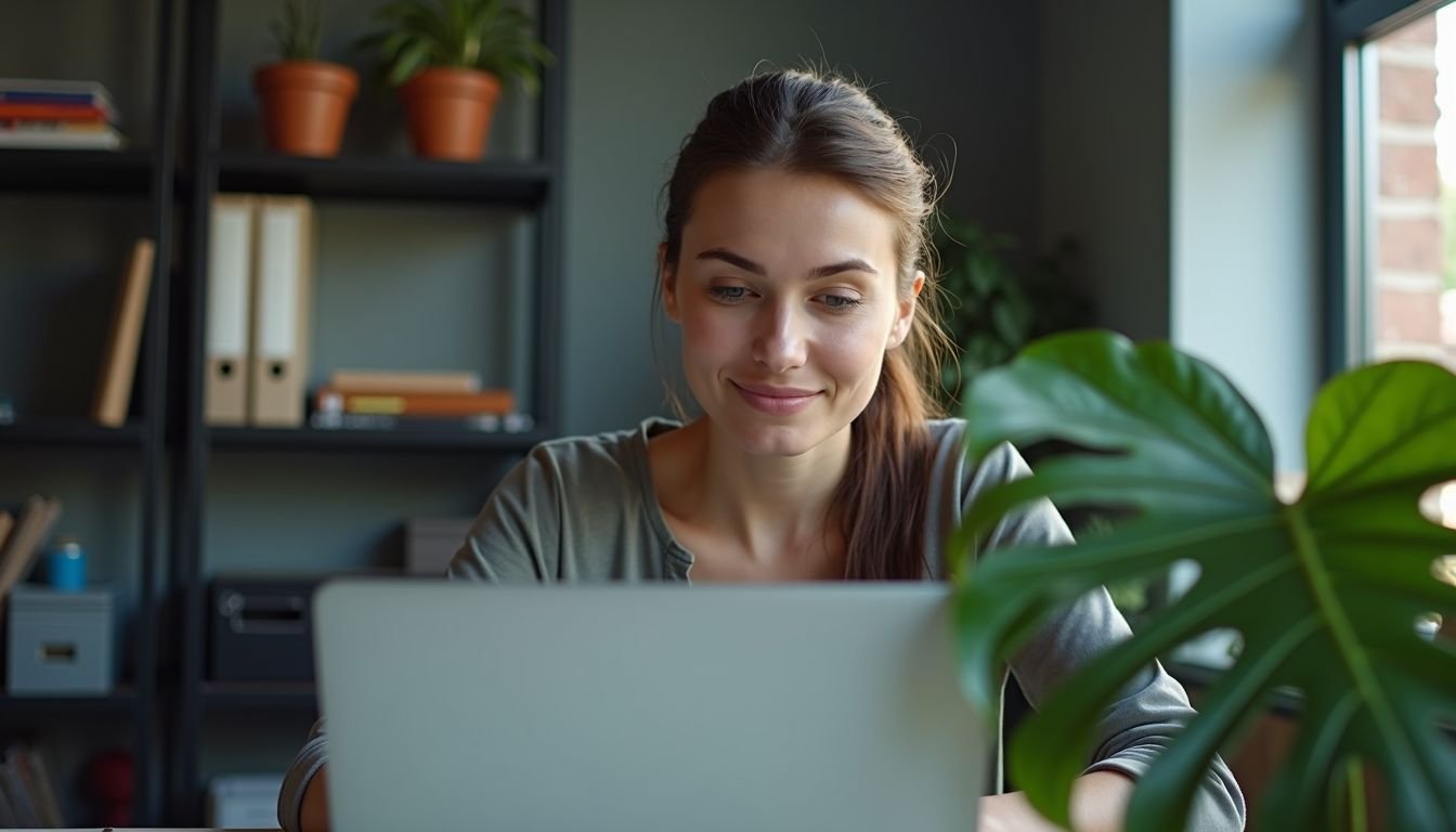 A woman sits at a cluttered desk with a laptop and plant.