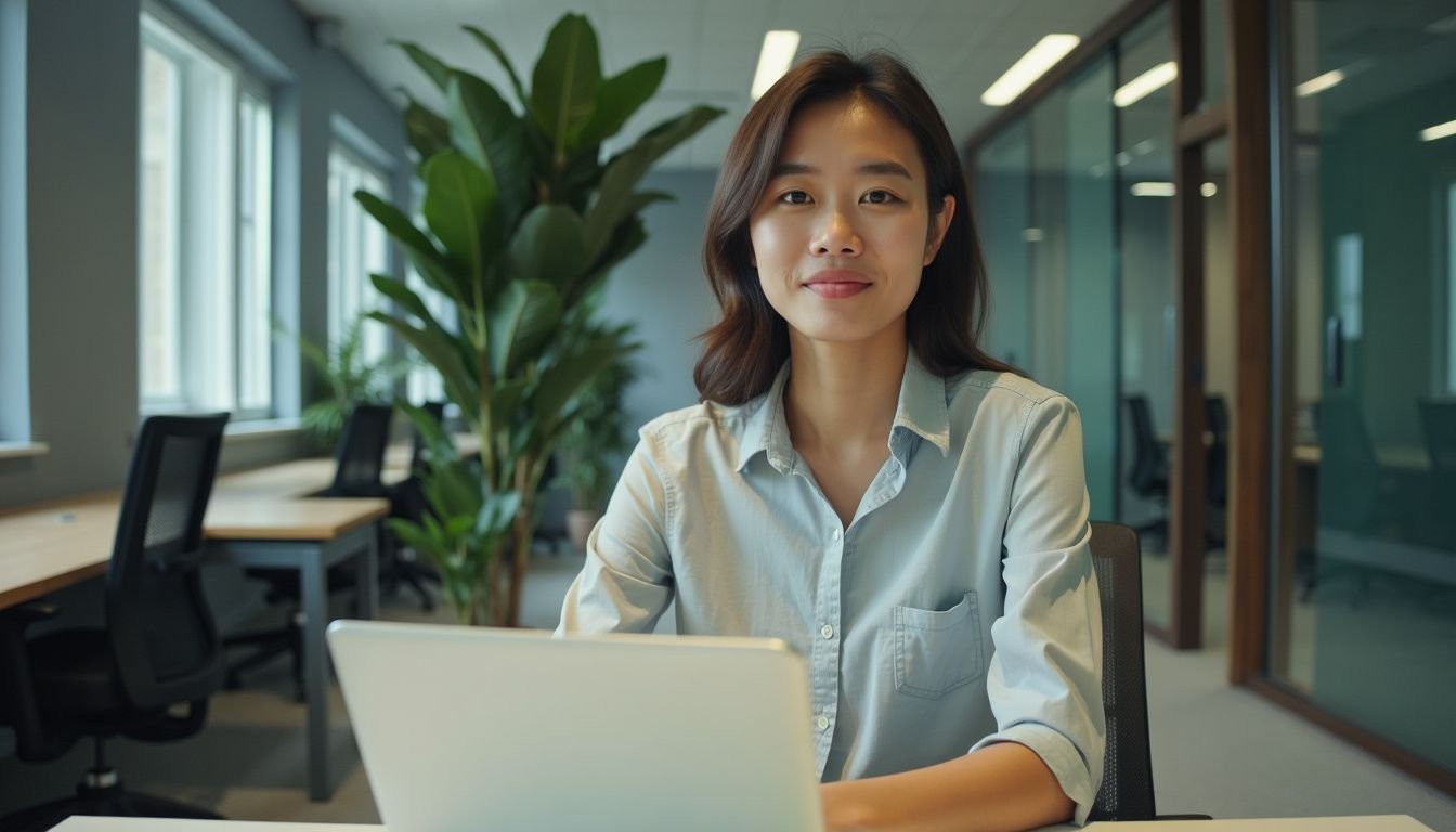 A person sitting at a desk with a Fiddle Leaf Tree in a modern office.