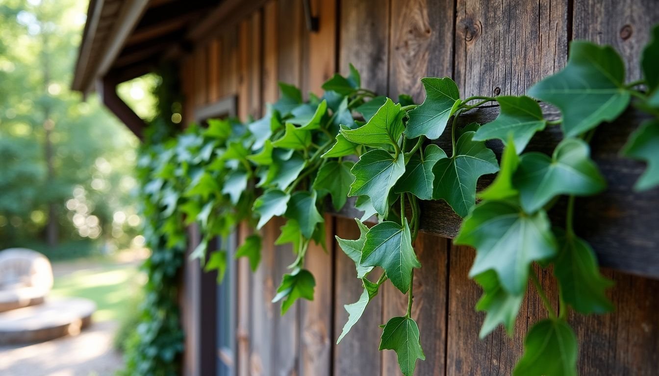 A collection of 12 artificial ivy garland pieces hanging in rustic outdoor setting.