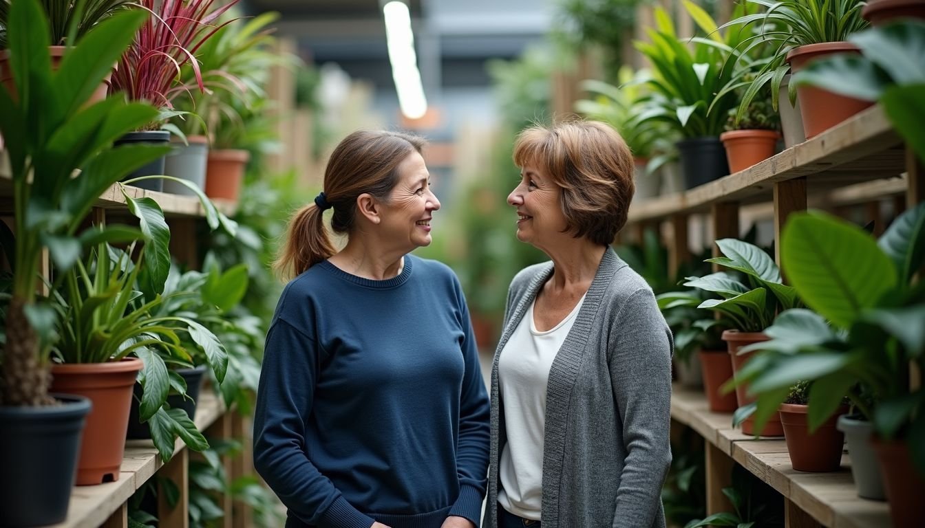 Two women browsing fake plant store in Adelaide.