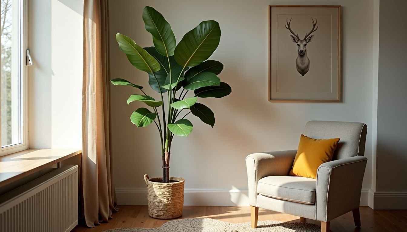 A cozy living room corner with a tall Fiddle Leaf Fig tree.