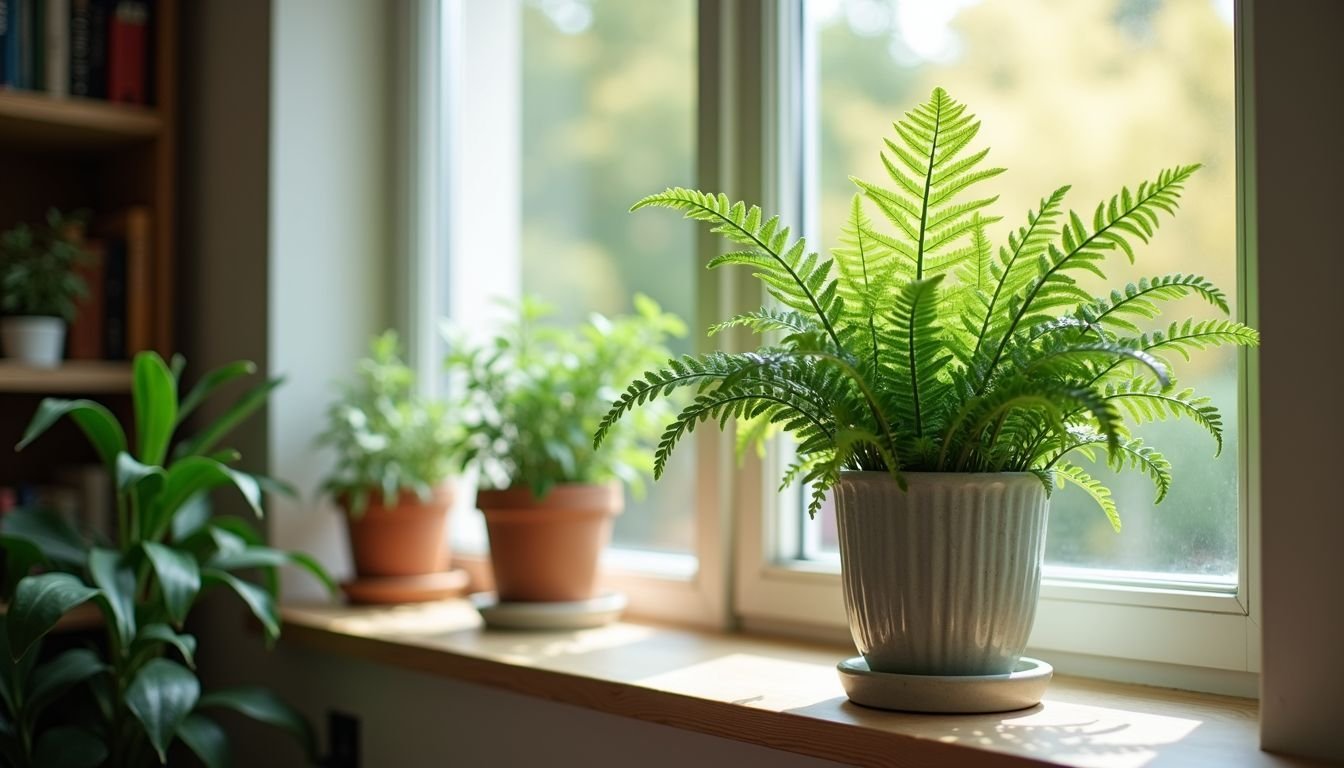 A cozy living room with a vibrant fern vine brings elegance.