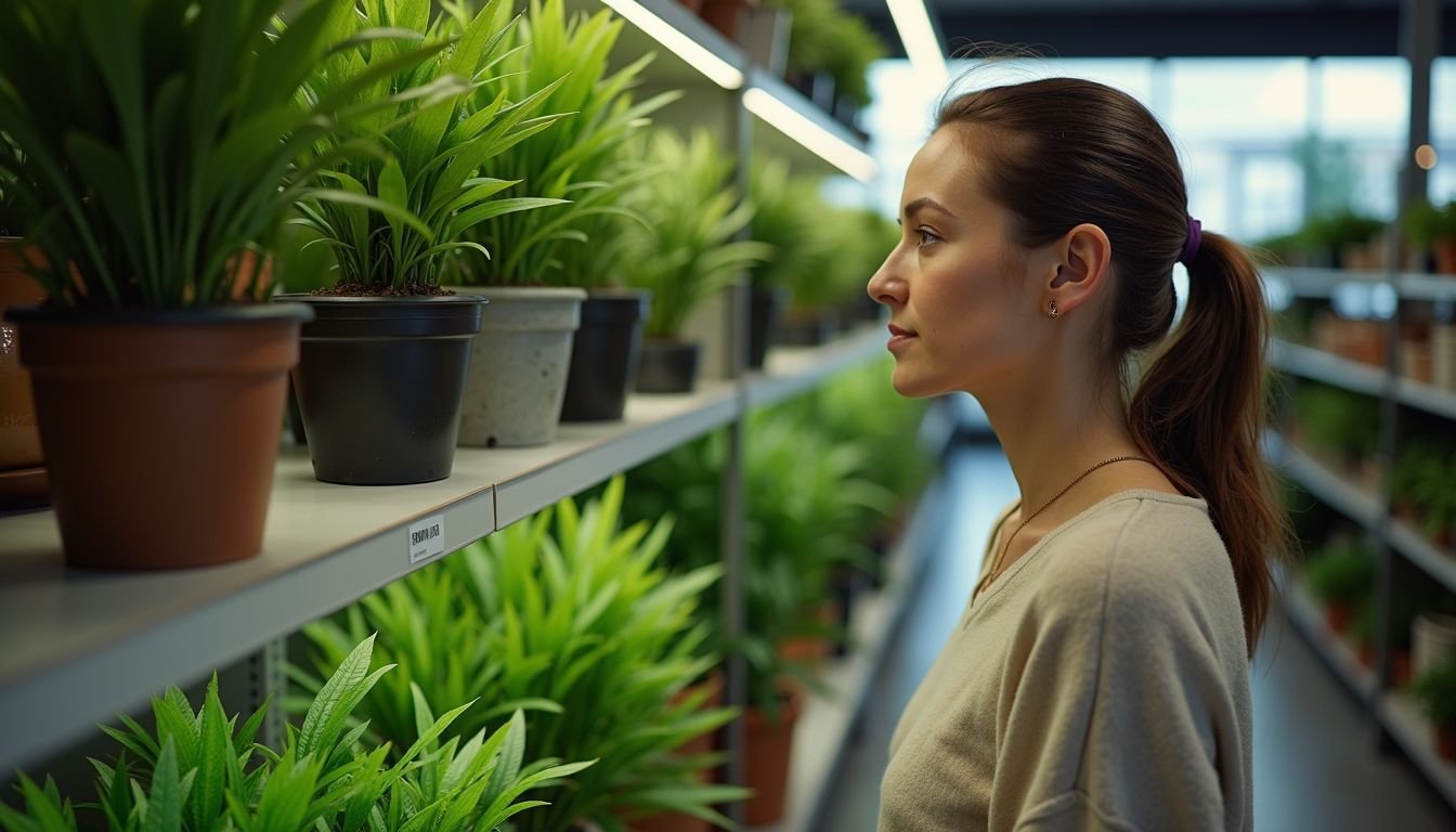 A woman browsing artificial plants in a home decor store.