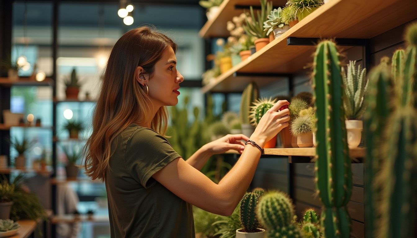 A woman is browsing through artificial cacti at a Melbourne boutique.