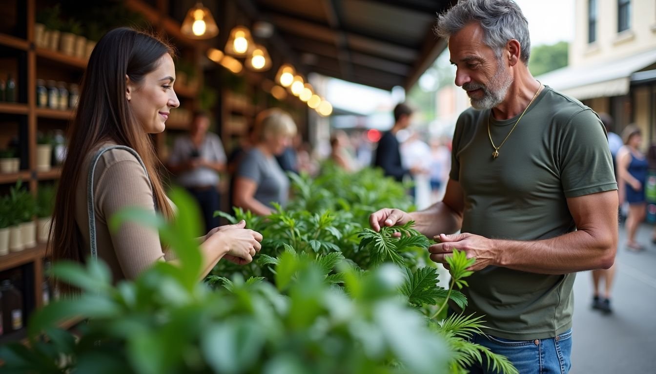 Customers browsing lifelike greenery at a rustic market stall in Sydney.