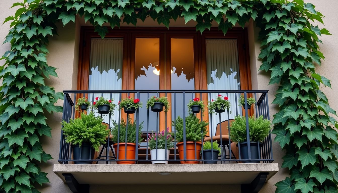 A balcony adorned with artificial ivy vines, creating a lush space.