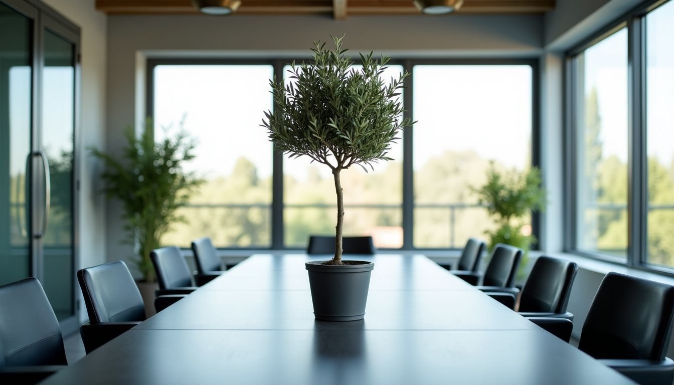 A modern boardroom with a sleek conference table and olive tree.