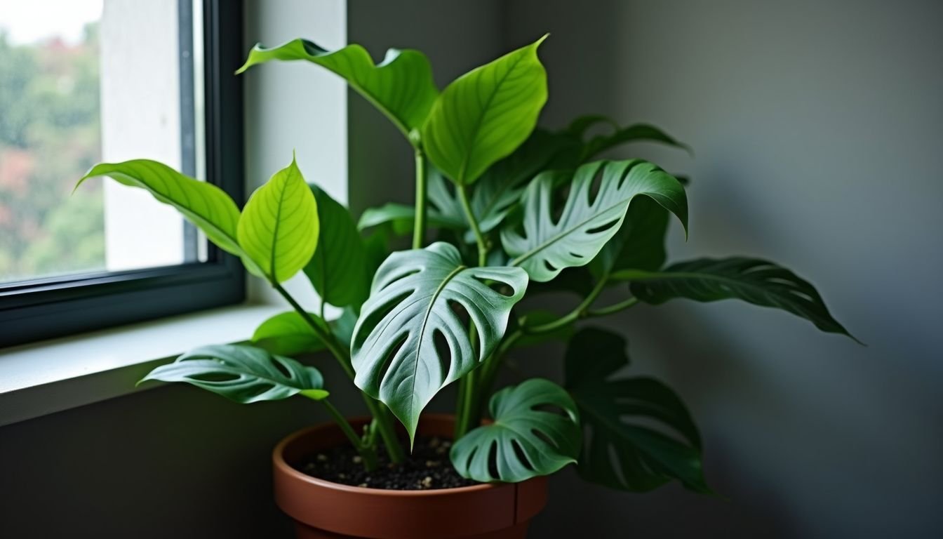 A monstera plant in a fiberglass pot brightens up the office.