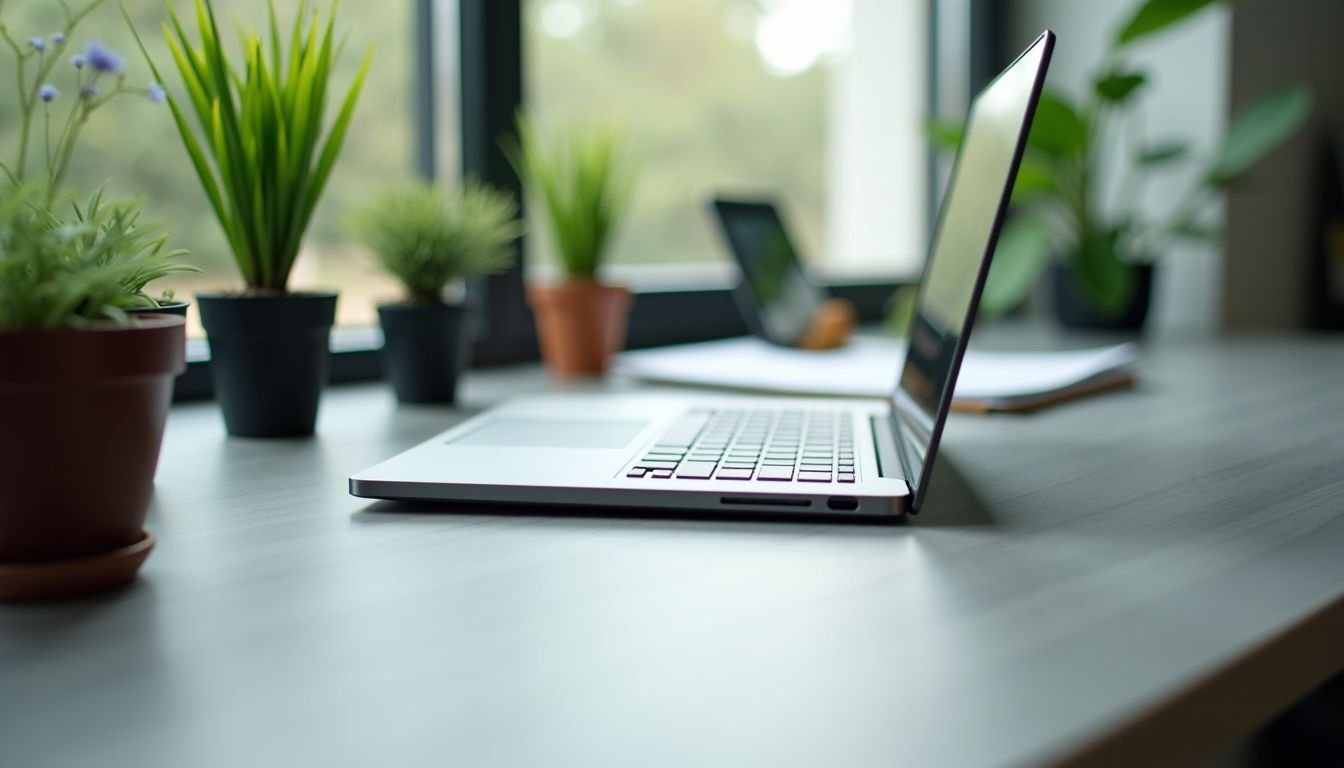 A modern desk with laptop, papers, and fake plants for decoration.