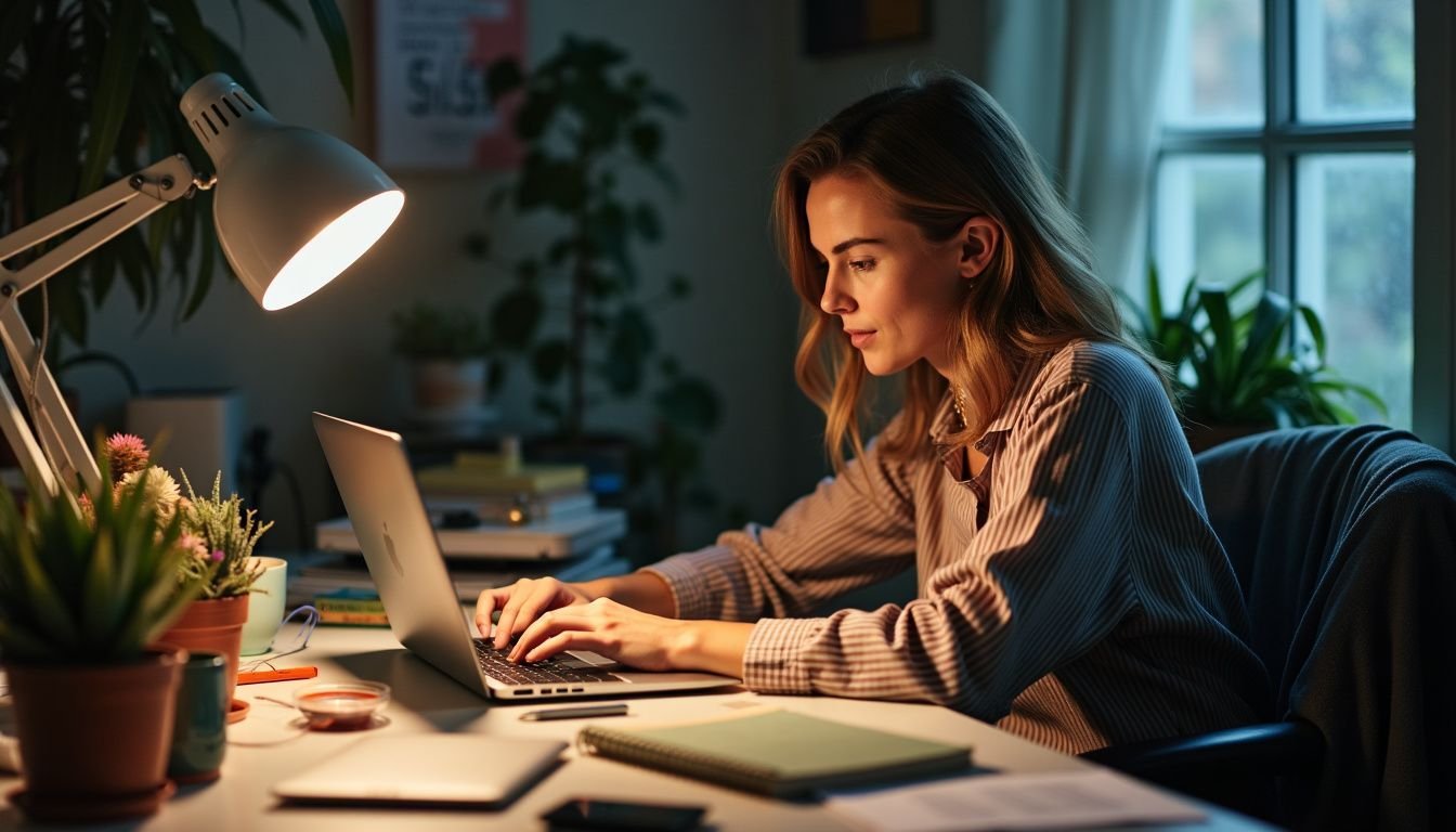 A woman working at cluttered desk with laptop and succulent plant.