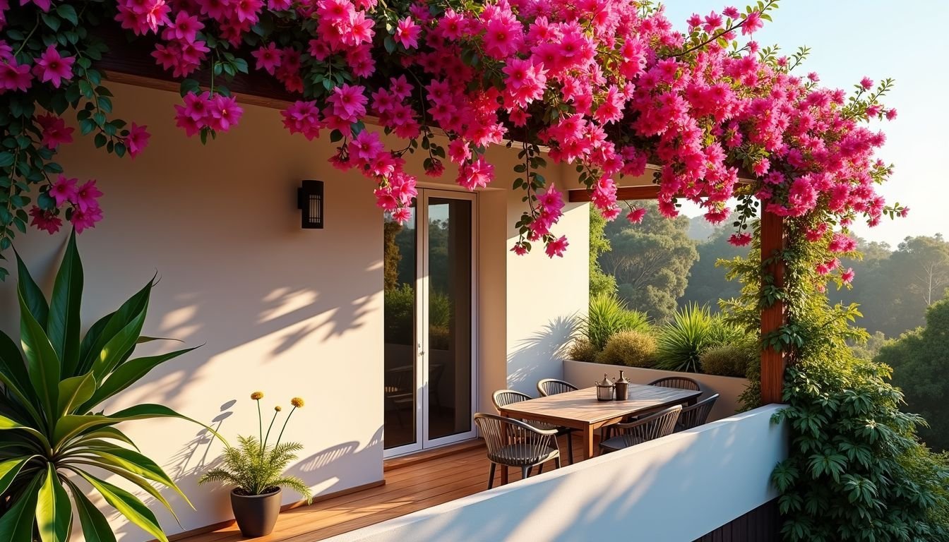 A vibrant artificial Bougainvillea garland adorns an outdoor balcony in Australia.