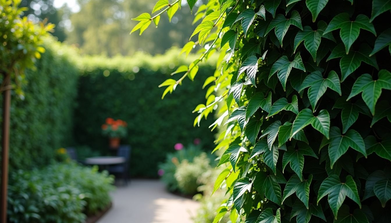 An outdoor garden with green artificial ivy hedge screen.