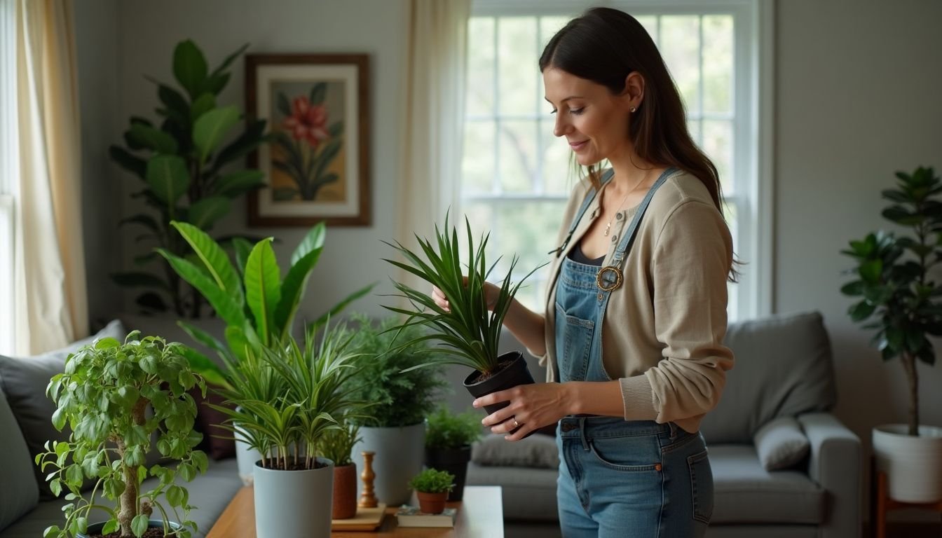 A woman in her mid-30s watering faux indoor plants in a modern living room.