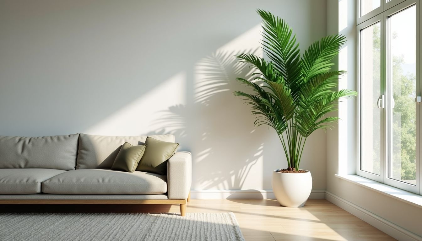 A tall Fopamtri Artificial Areca Palm stands in a bright living room.