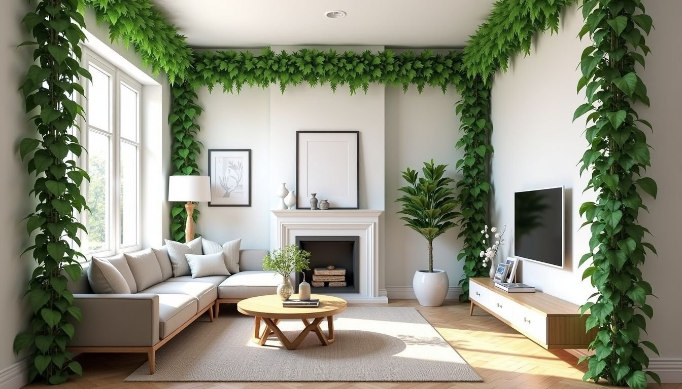 A bright living room adorned with artificial greenery for a fresh touch.