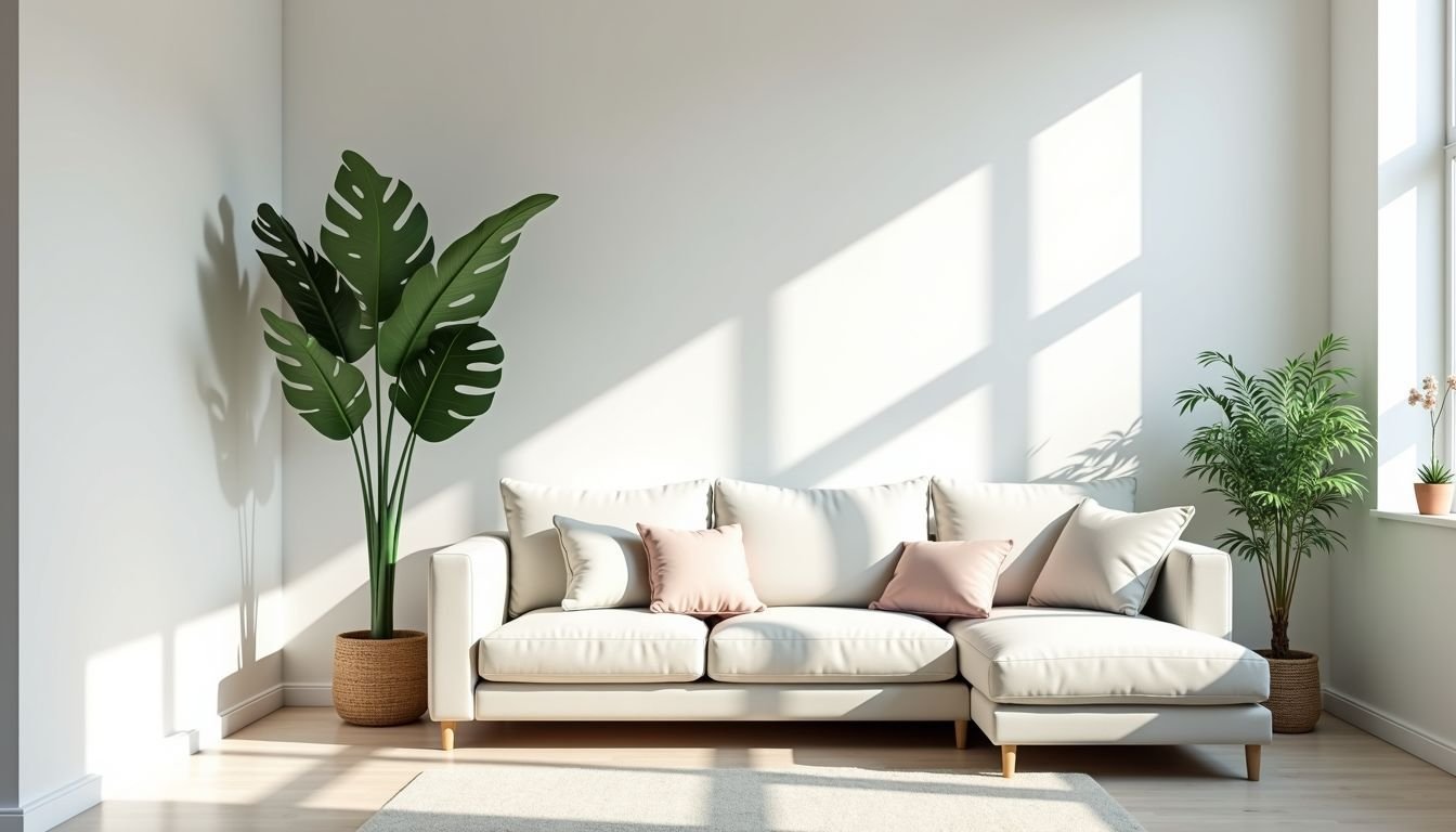 A modern, minimalist living room with artificial Monstera plant decor.