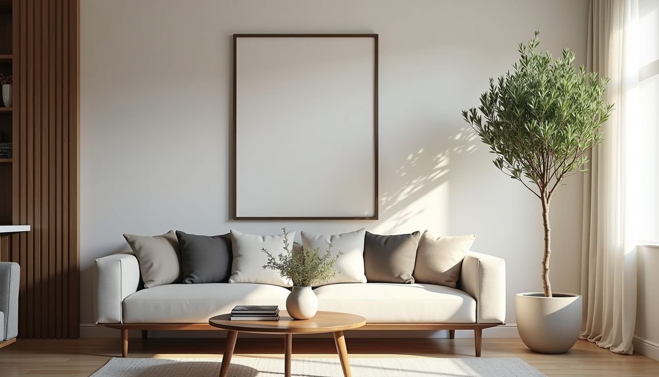 A modern living room with a 1.5m tall artificial olive tree.