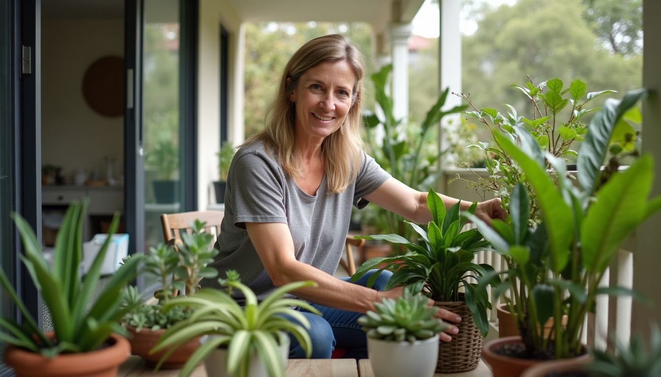 A woman arranging faux plants on her balcony in comfortable clothing.