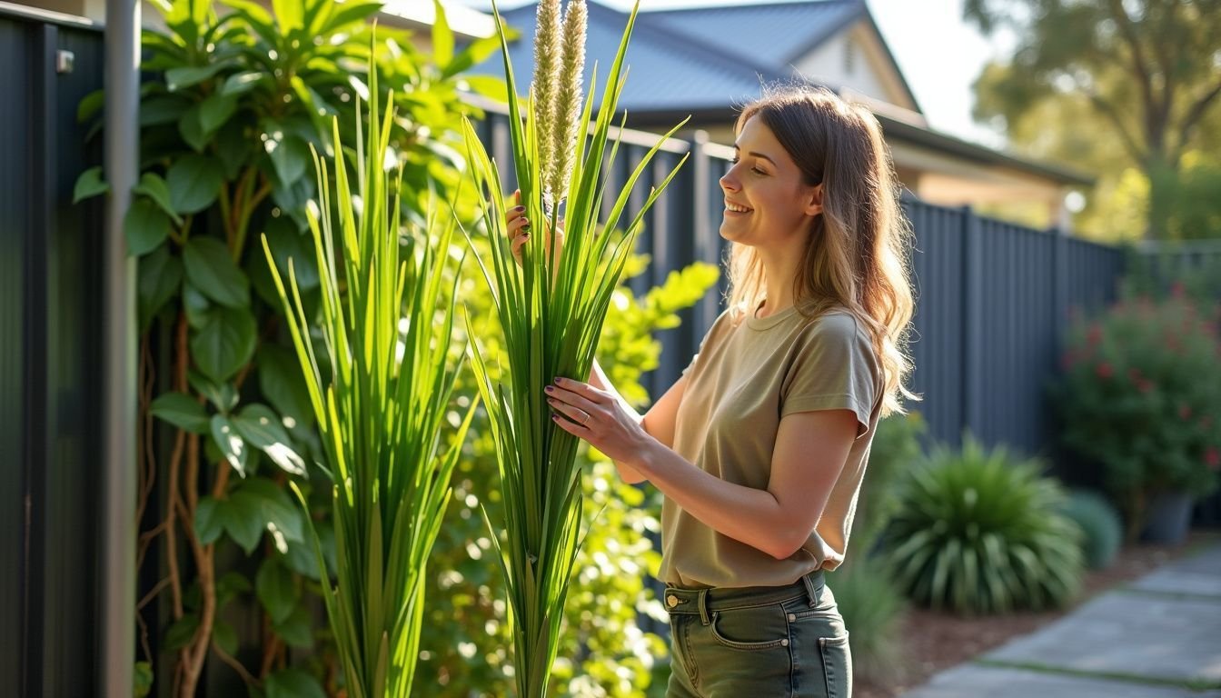 A woman casually arranging a tall artificial papyrus plant in her backyard.