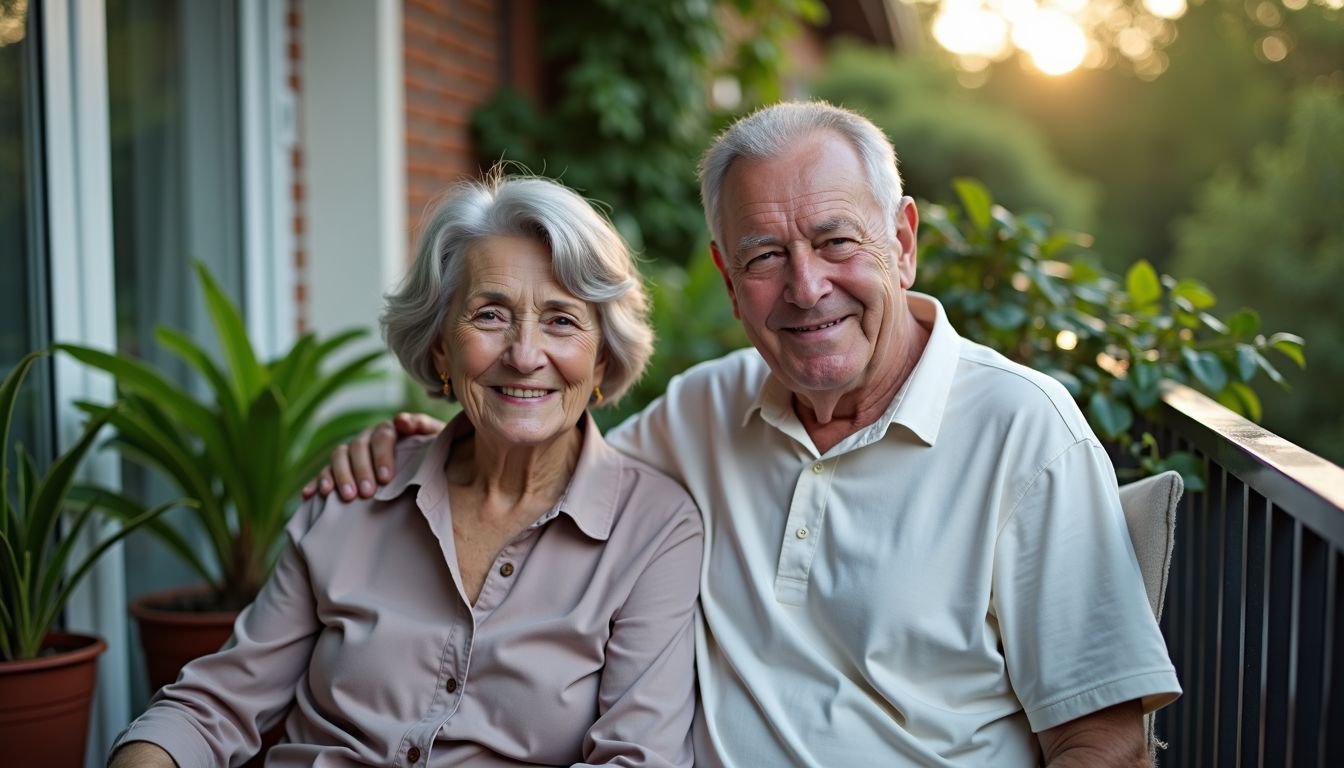 Elderly couple sitting on balcony surrounded by artificial plants, relaxed.