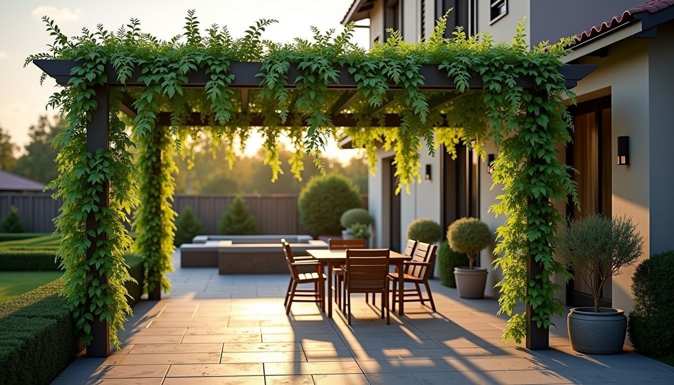 A set of 36 artificial hanging vines on an outdoor pergola.