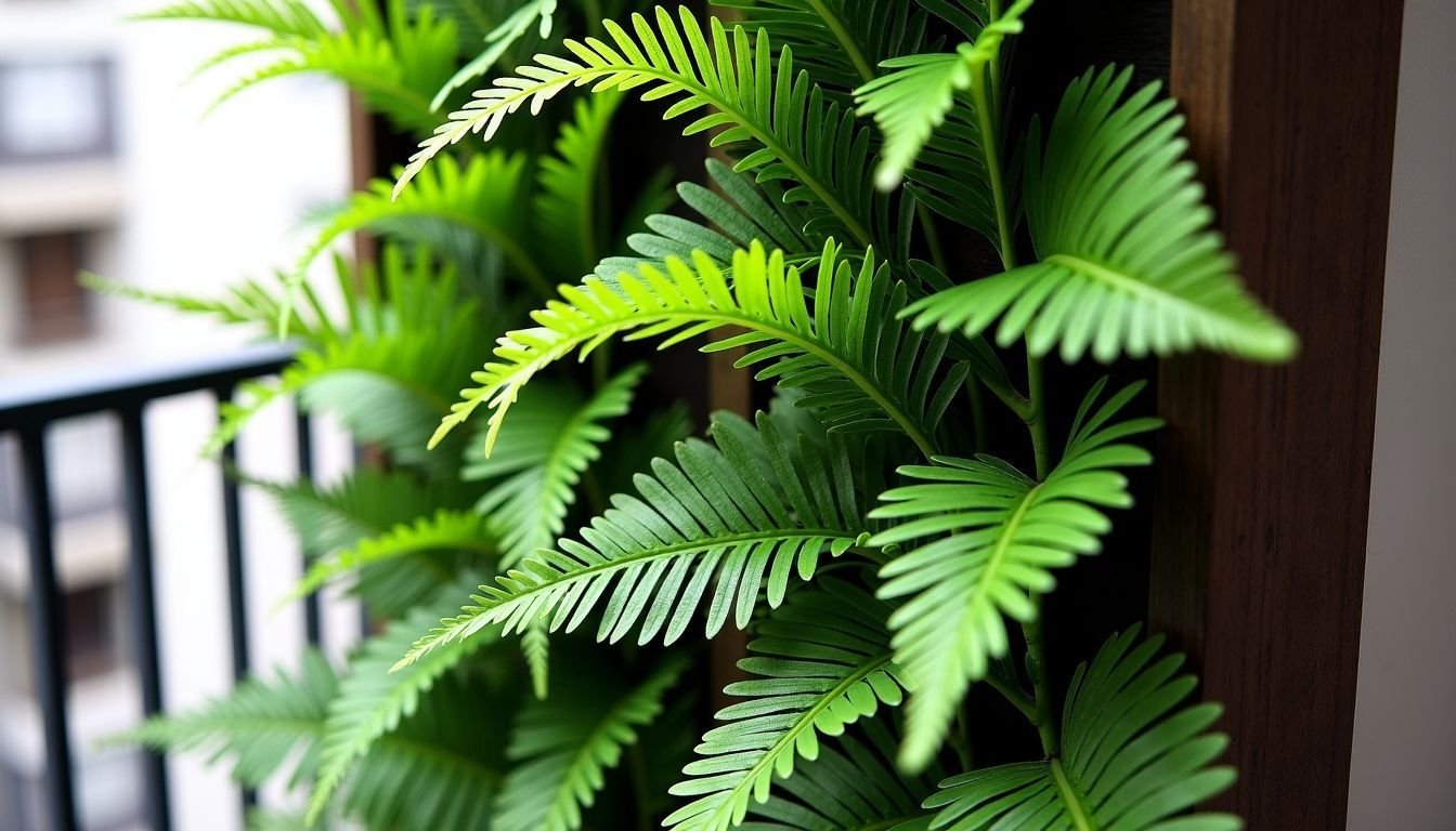 A small balcony with a vibrant artificial fern vertical garden.