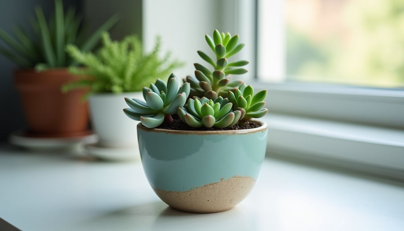 A stylish pot with mixed succulents sits on a clean desk.