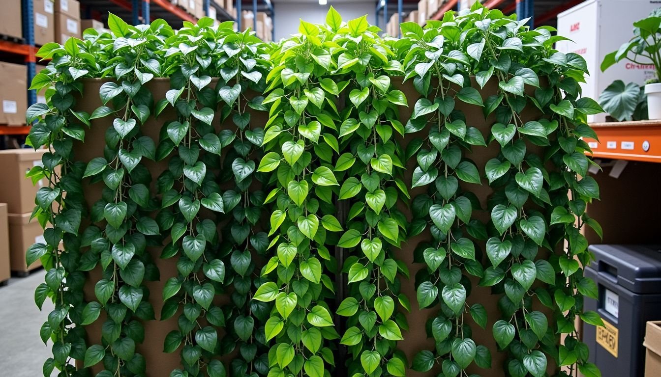 A variety of artificial plant vines for home decor in a warehouse.