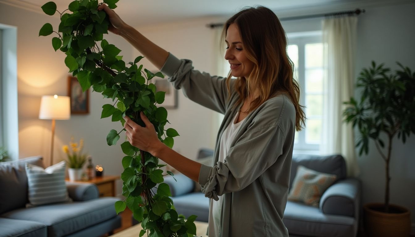 A woman arranging fake vines in a simple, dimly lit living room.