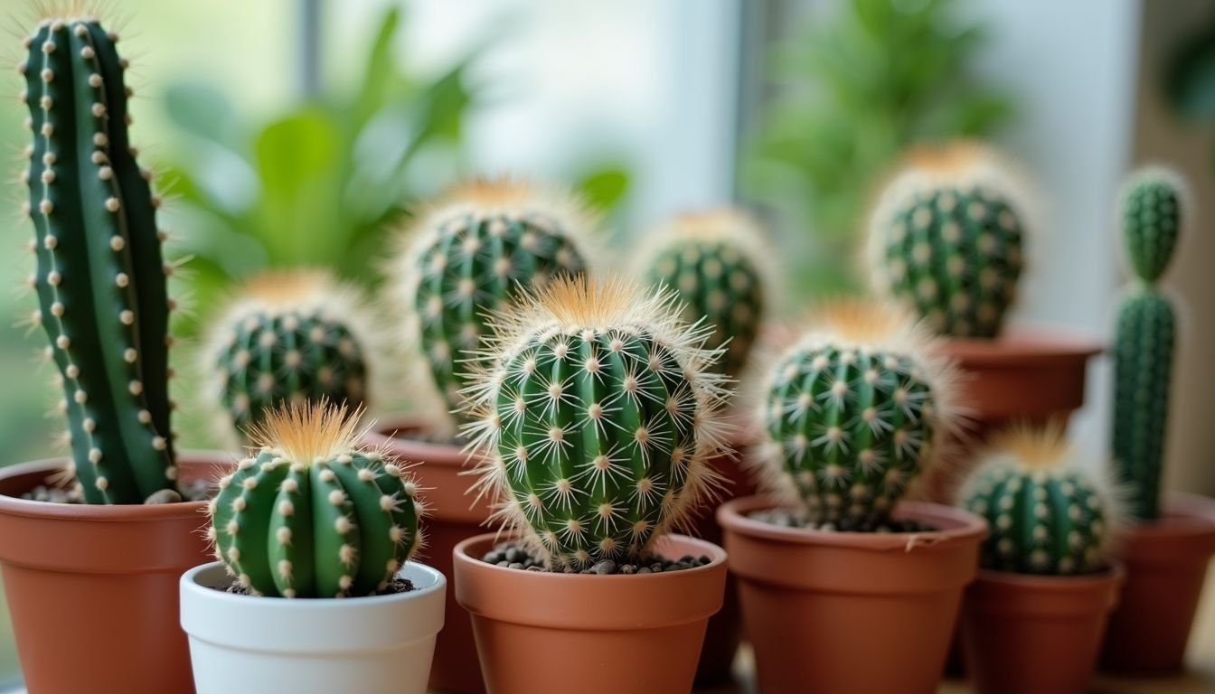 A close-up photo of a variety of cactus plants in different pots.