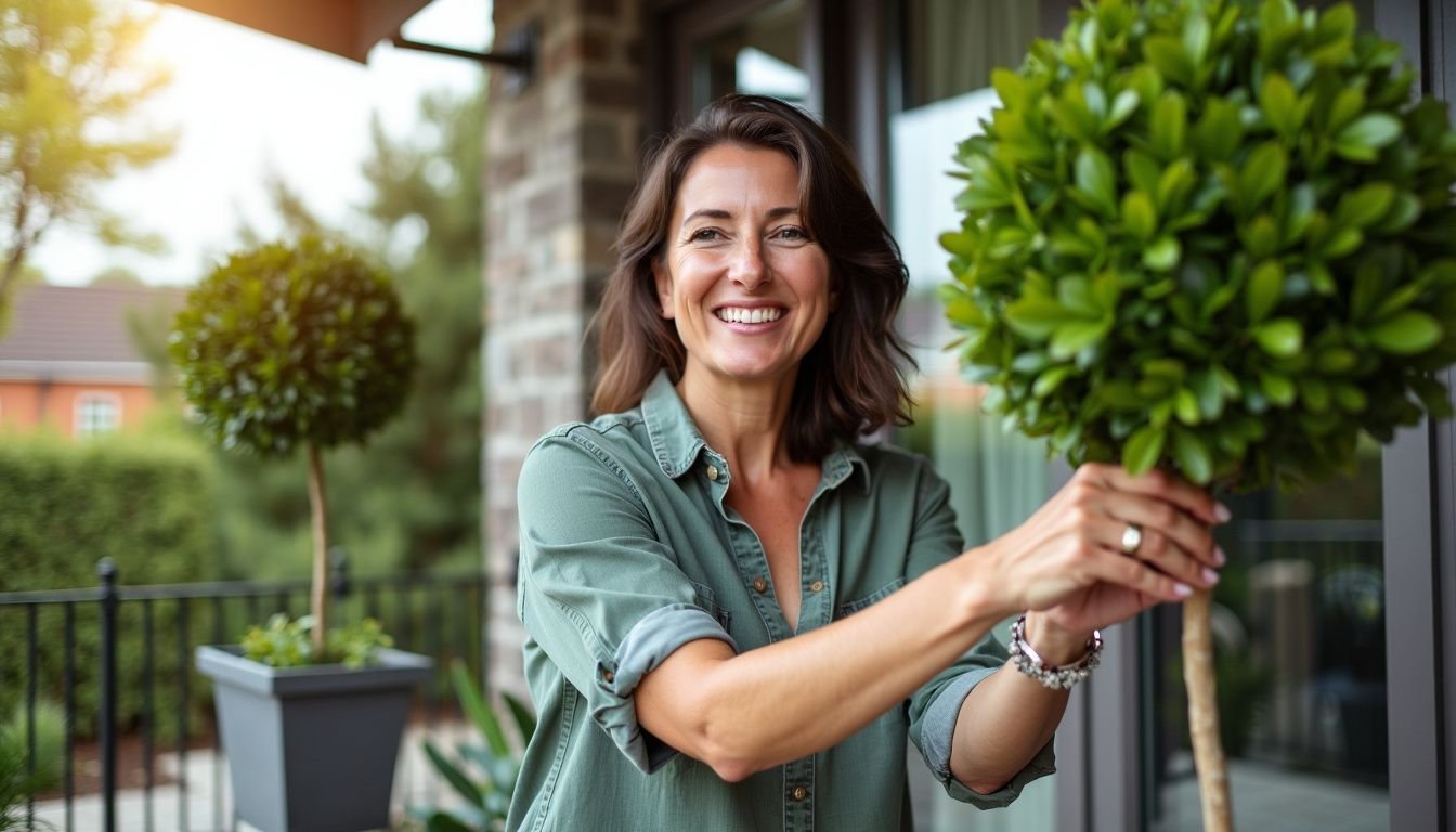 A woman decorates outdoor patio with Boxwood Ball Topiary plants.