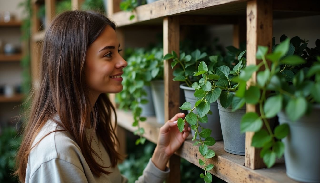 A young woman browsing artificial vines in a home decor store.