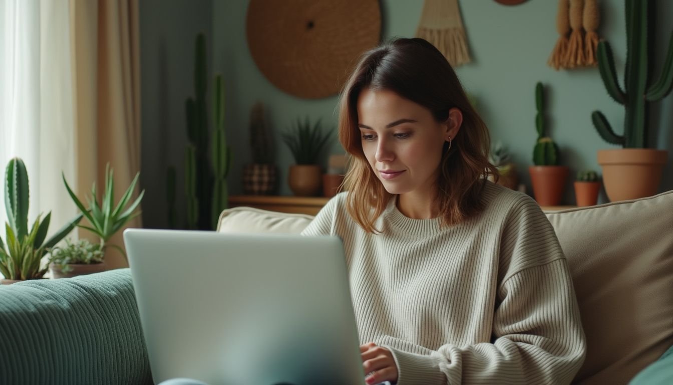 A woman browsing cactus-themed online shop in cozy living room.