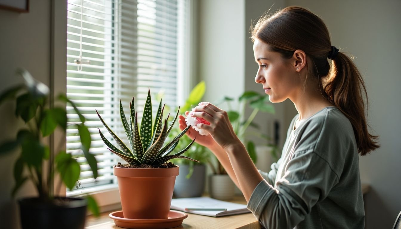 A woman in her 30s is dusting a colorful succulent plant.