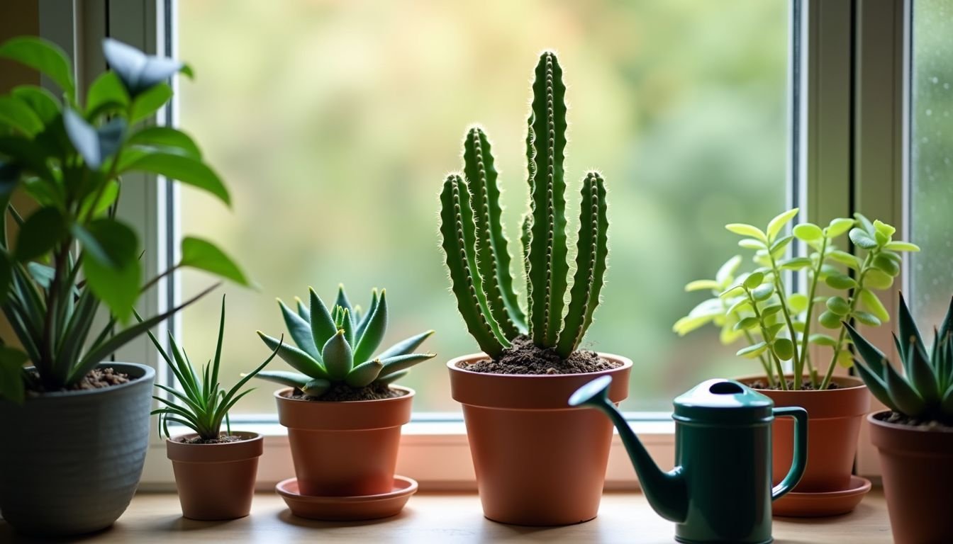 A close-up of a vibrant cactus surrounded by other potted plants.