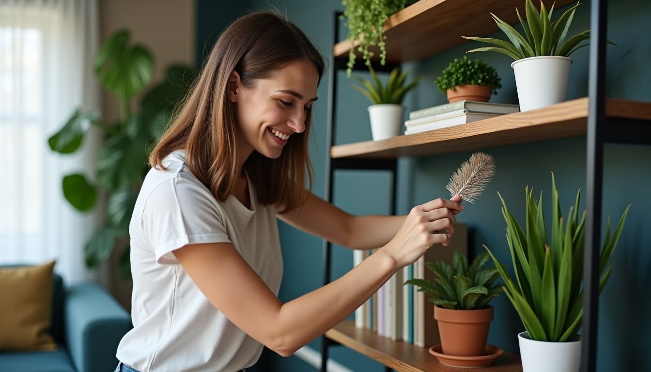 A woman dusts faux plants in a modern, casual living room.