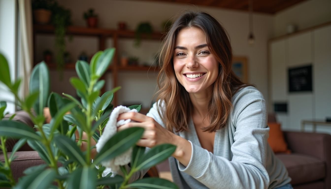 A woman in her mid-30s cleaning a dusty faux plant in a cozy living room.